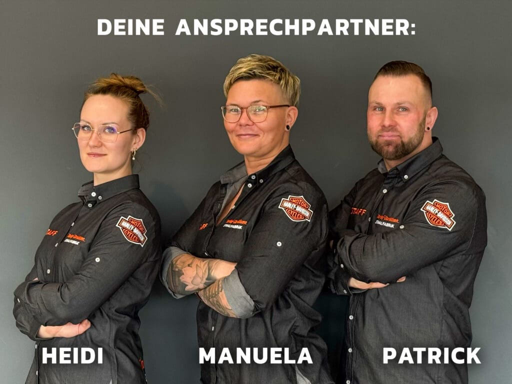 Das Bild zeigt unser Verkaufsteam der Harlye Davidson Staalfabrik Rostock. Wenn du eine Harley Davidson gebraucht kaufen möchtest, beraten wir dich ausführlich.